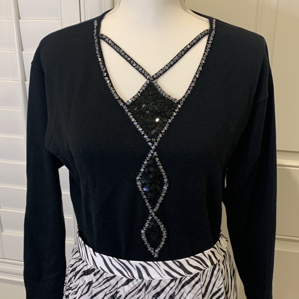 Bob Mackie Wearable Art cotton blend cutout sequin neck black sweater XS/M
